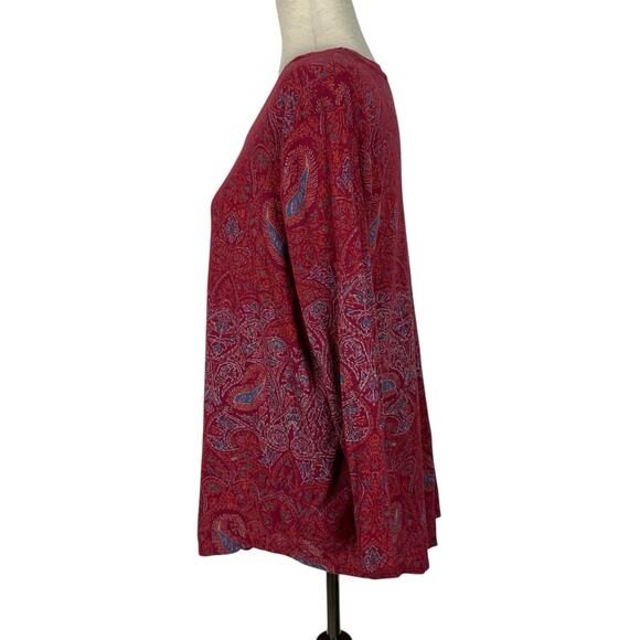 Lucky Brand Boho Top Women Large Red Paisley Slub Knit Split Back Tunic - Picture 2 of 11